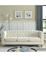 Streamdale Furniture Beige Velvet Sofa with Tufted Arms and Metal Legs