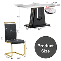 Streamdale Furniture 1 table and 6 chairs. Modern, simple and luxurious white imitation marble rectangular dining table and desk with 6 black Pu gold