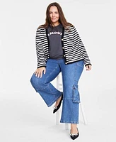 On 34th Trendy Plus Size Cotton Button Front Cardigan Amour Graphic Crewneck T Shirt Wide Leg Cargo Jeans Created For Macys