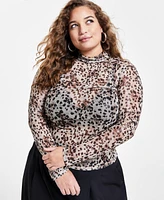 Bar Iii Trendy Plus Cheetah-Print Mesh Mock-Neck Top, Created for Macy's