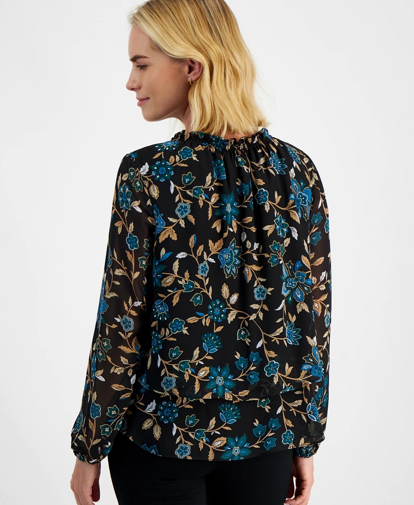Ak Anne Klein Petite Floral-Print Long-Sleeve Top