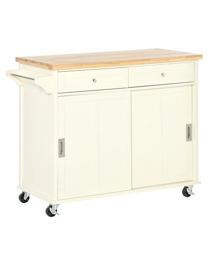 Homcom 43" Kitchen Island Rolling Storage Cart w/ Wheels, Cabinet, Drawers, Cream White