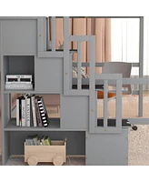 Full Size Loft Bed With Desk, Storage Shelves And Staircase, Grey