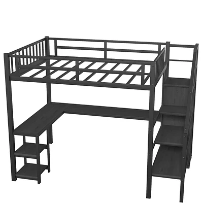 Streamdale Furniture Metal Full Loft Bed with Wardrobe and Led Light, Full Size Loft Bed with L Shaped Desk and Usb for Kids Teens Adults, Black