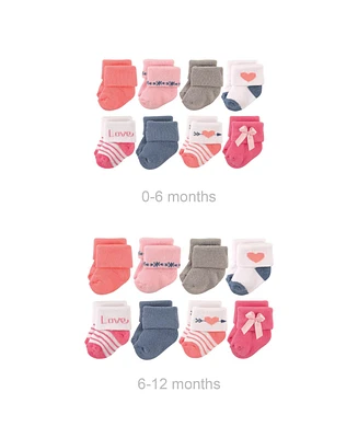 Hudson Baby Baby Girls Grow with Me Cotton Terry Socks, Love, 0-6 and 6-12 Months