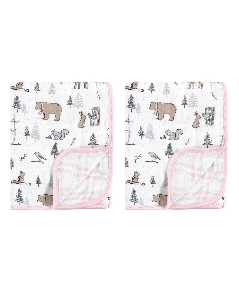 Hudson Baby Infant Girl 2Pc Muslin Tranquility Quilt Blanket, Winter Forest, One Size