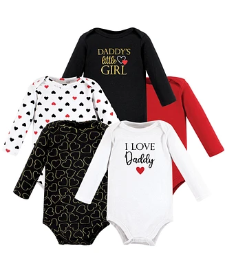 Hudson Baby Girls Cotton Long-Sleeve Bodysuits Daddy Red Black 5-Pack, 0-3 Months