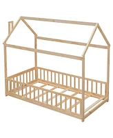 Simplie Fun Twin House Bed With Guardrails, Slats, Natural