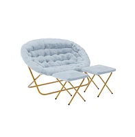 Emma+Oliver Janey Folding Double Saucer Chair With 2 Ottomans And Steel Frame For Dorm Or Bedroom