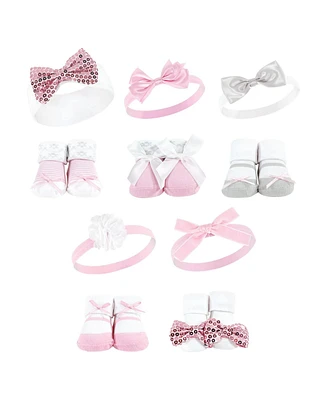 Hudson Baby Baby Girls 12Pc Headband and Socks Set, Pink Gray Pink Sequin