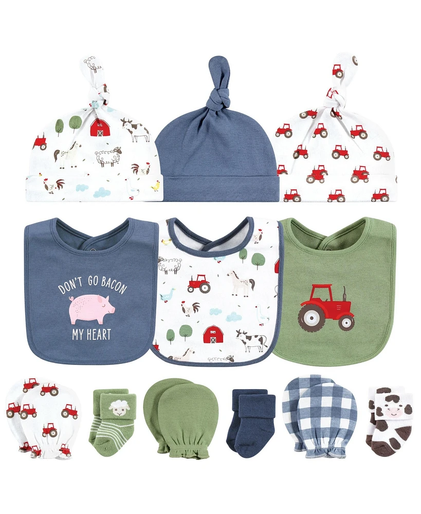 Hudson Baby Baby Boys Caps or Headbands, Bibs, Mittens and Socks 12pc Set, Farm, 0-6 Months