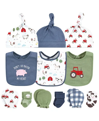 Hudson Baby Baby Boys Caps or Headbands, Bibs, Mittens and Socks 12pc Set, Farm, 0-6 Months