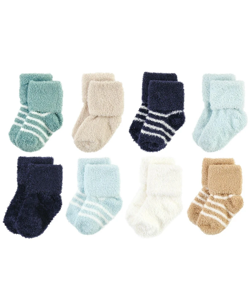 Hudson Baby Boys Cozy Chenille Newborn and Terry Socks, Navy Mint Stripe, 0-6 Months