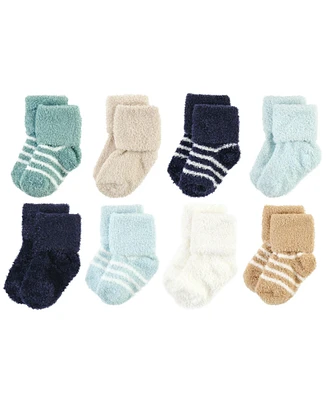 Hudson Baby Boys Cozy Chenille Newborn and Terry Socks, Navy Mint Stripe, 0-6 Months