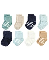 Hudson Baby Boys Cozy Chenille Newborn and Terry Socks, Navy Mint Stripe, 0-6 Months