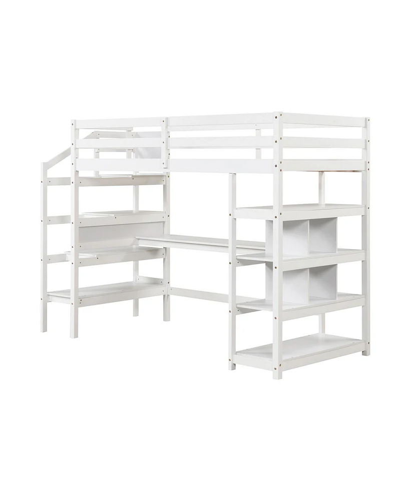 Slickblue Twin Size Loft Bed with Desk and Storage Stairs Loft Bed Frame with Shelves and Safety Guardrails-White