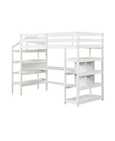 Slickblue Twin Size Loft Bed with Desk and Storage Stairs Loft Bed Frame with Shelves and Safety Guardrails-White