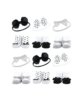 Hudson Baby Infant Girl 12Pc Headband and Socks Giftset, Black Silver, One Size