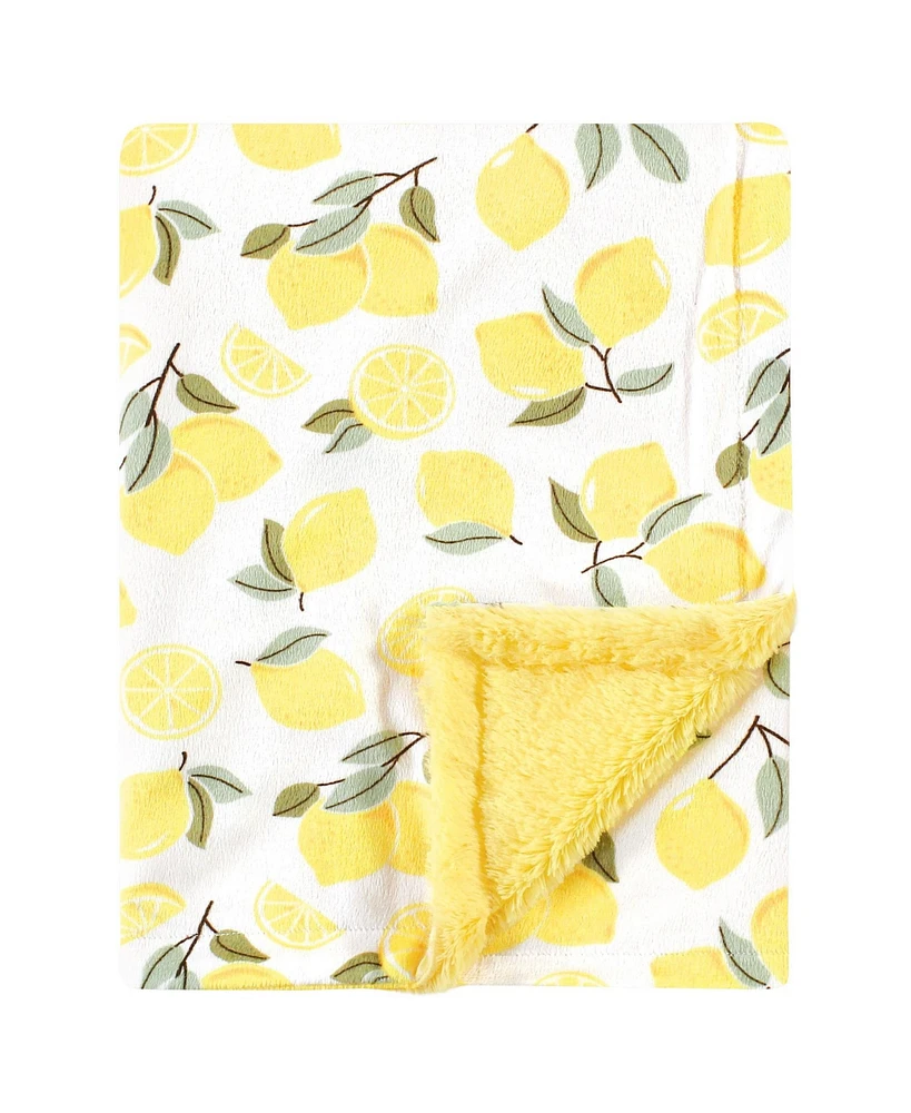 Hudson Baby Infant Girl Plush Blanket with Furry Binding and Back, Lemon, One Size