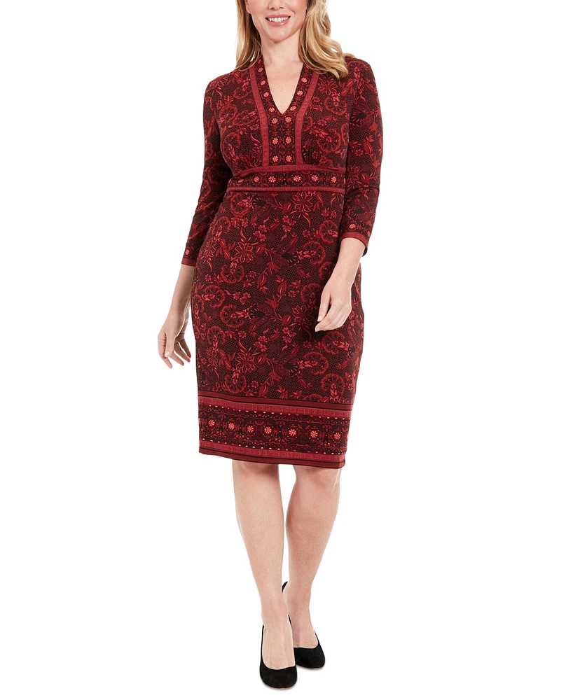 London Times Women's Placed Print 3/4-Sleeve Jersey Sheath Dress