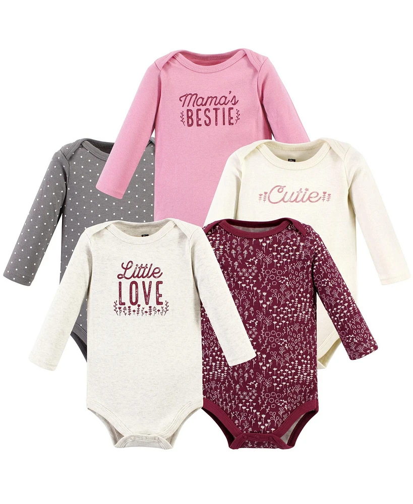 Hudson Baby Baby Girls Cotton Long-Sleeve Bodysuits Love Flowers 5-Pack, Preemie