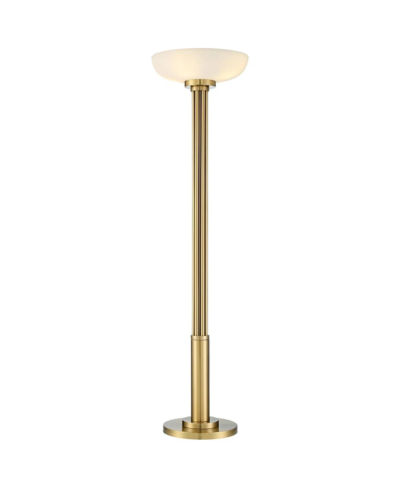 Possini Euro Design Granview Modern Glam Torchiere Floor Lamp Standing Led 70" Tall Antique Brass Gold Metal Column Frosted Glass Shade Decor for Livi