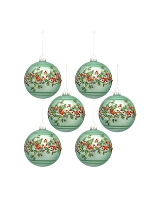 Slickblue Green Pine Branch Ball Ornament With Bead Berry Accent (Set of 6)