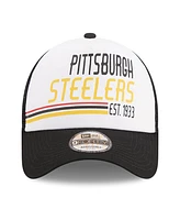 New Era Men's White/Black Pittsburgh Steelers Stacked A-Frame Trucker 9FORTY Adjustable Hat