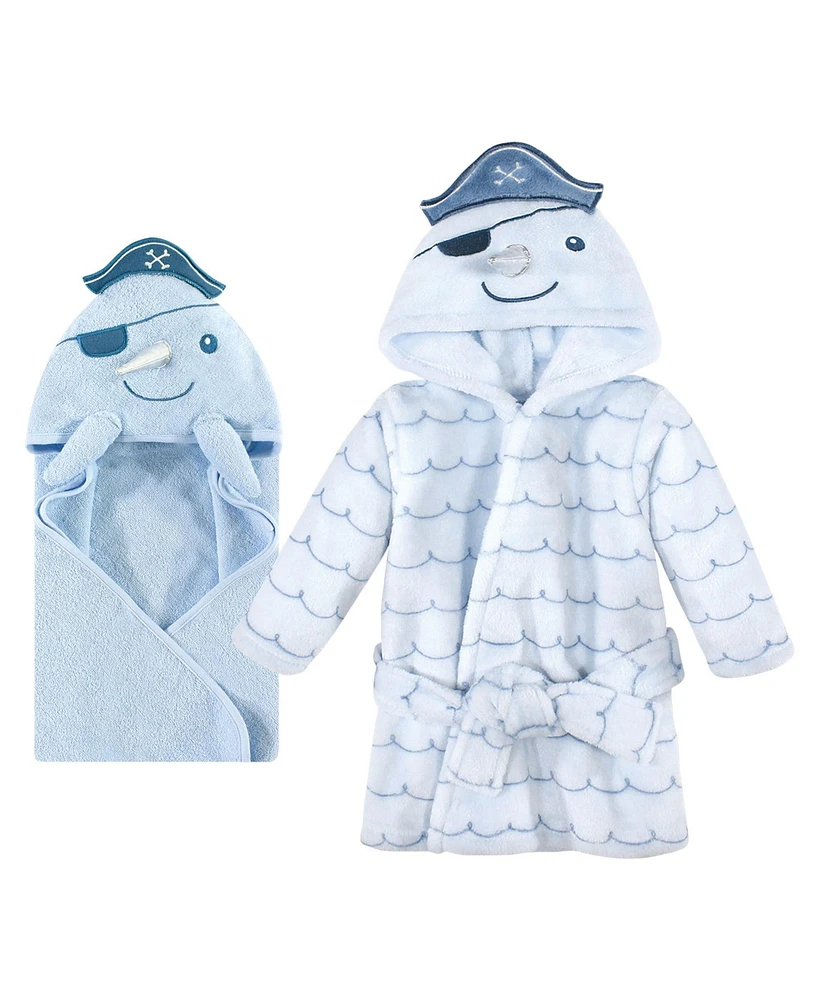 Hudson Baby Baby Boys Cotton Animal Face Hooded Towel h Bathrobe Bundle Set, Narwhal, 0-9 Months