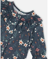 Deux par Baby Girls Printed Muslin Jumpsuit Teal With Flowers