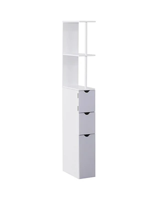 Homcom 54" Tall Bathroom Storage Cabinet, Freestanding Linen Tower with 2-Tier Shelf and Drawers, Narrow Side Floor Organizer, White