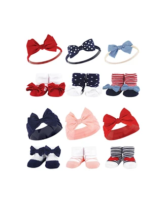 Hudson Baby Infant Girl 12Pc Headband and Socks Giftset, Red Blue Bows Red Chambray, One Size