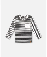 Deux par Deux Little Boys Striped Brushed T-Shirt With Pocket Gray And White - Toddler|Child