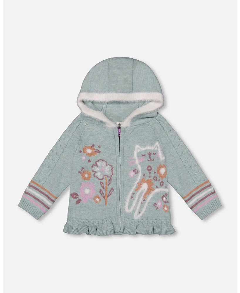 Deux par Big Girls Jacquard Hooded Knit Cardigan Light Turquoise