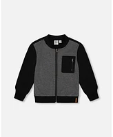 Deux par Baby Boys Herringbone And Fleece Zip Vest Black Gray