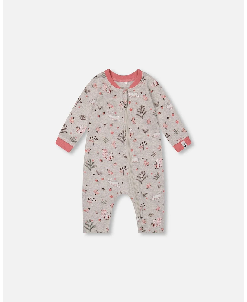 Deux par Baby Girls Organic Cotton One Piece Pajama Beige Mix Printed Squirrel