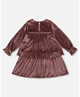 Deux par Little Girls Long Sleeve Metallic Dress With Frills Burgundy - Toddler|Child