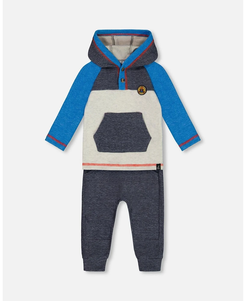 Deux par Baby Boys Super Soft Hooded Top And Brushed Jersey Pant Set Navy