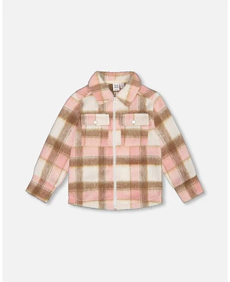 Deux par Deux Toddler Girls Overshirt Wool-Effect With Pockets Plaid Pink, Nougat And Off White - Toddler|Child