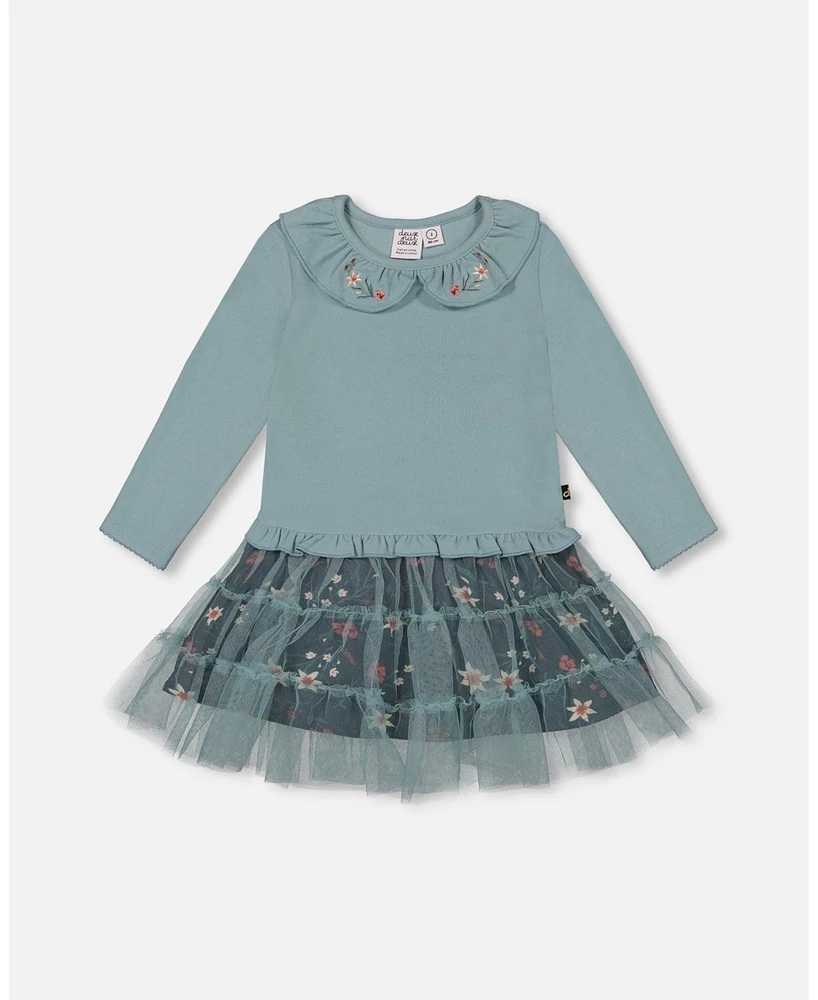 Deux par Deux Big Girls Bi-Material Dress With Mesh Skirt Teal Printed Flowers