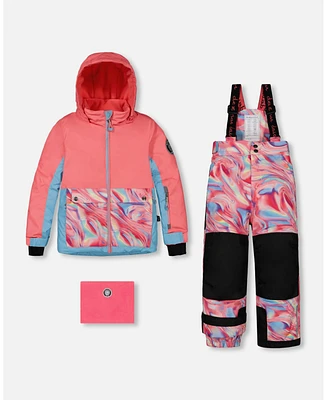 Deux par Big Girls Two Piece Snowsuit Colorblock Coral And Air Blue With Printed Marble