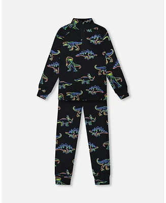 Deux par Toddler Boys Two Piece Thermal Underwear Set Black Printed Neon Dino - Toddler|Child