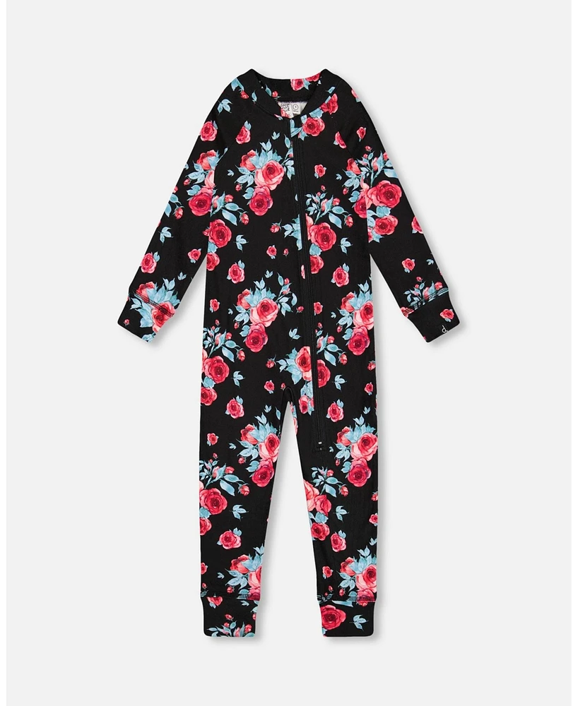 Deux par Toddler Girls One Piece Thermal Underwear Black Printed Roses - Toddler|Child