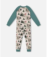 Deux par Little Boys Organic Cotton Two Piece Pajama Set Gray Mix And Green Printed Reindeer - Toddler|Child