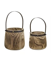 Slickblue Natural Wooden Pail Planter With Metal Handle Accent (Set of 2)