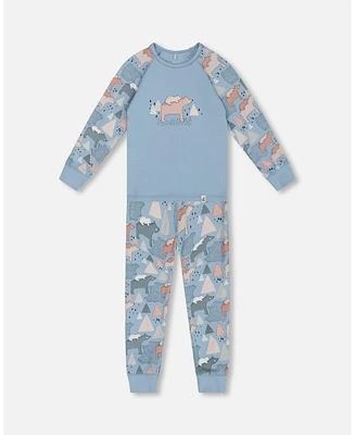 Deux par Big Girls Organic Cotton Two Piece Pajama Set Air Blue Printed Mama Bears