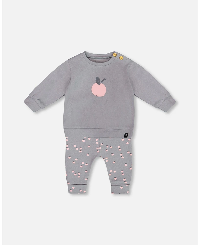 Deux par Baby Girls Organic Cotton Top And Printed Pants Set Gray With Apples