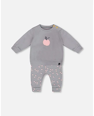 Deux par Baby Girls Organic Cotton Top And Printed Pants Set Gray With Apples