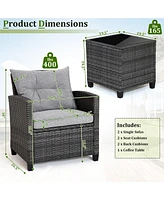 Gymax 3PCS Patio Rattan Sofa Set Outdoor Wicker Conversation Set Glass Tabletop w/ Grey Cushion