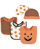 Hudson Baby Unisex Baby Cotton Bib and Headband or Caps Set, Pumpkin, One Size